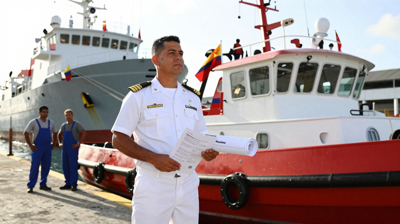 Capitão de navio em uniforme branco segurando documentos no píer com dois marinheiros e barcos ao fundo.