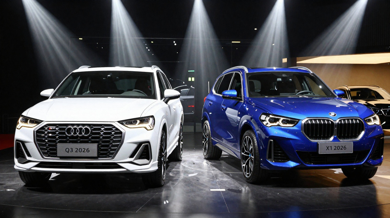 Dois SUVs novos expostos, Audi Q3 branco e BMW X1 azul, sob luzes em um salão de automóveis.