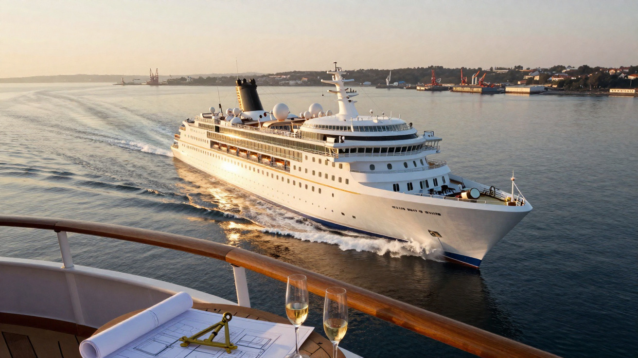 Cruzeiro branco navegando ao pôr do sol visto de outro navio com plantas e taças de champanhe.