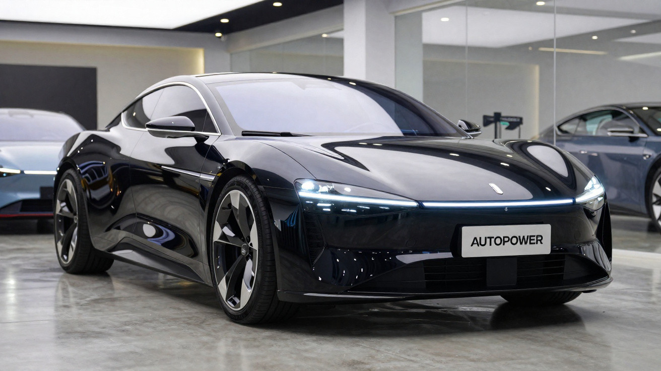Carro esportivo elétrico preto estacionado em ambiente interno moderno com piso refletivo.