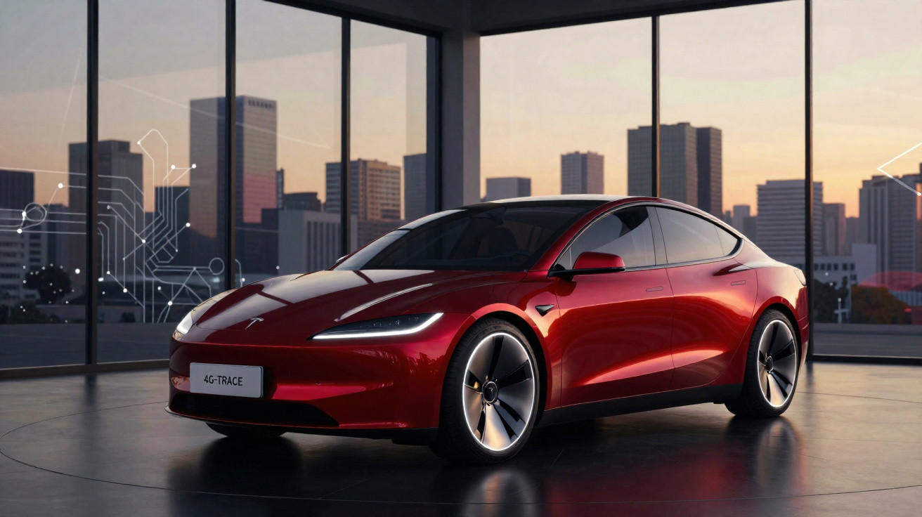 Carro elétrico vermelho Tesla Model S parado em ambiente interno com janelas amplas e vista urbana ao entardecer.