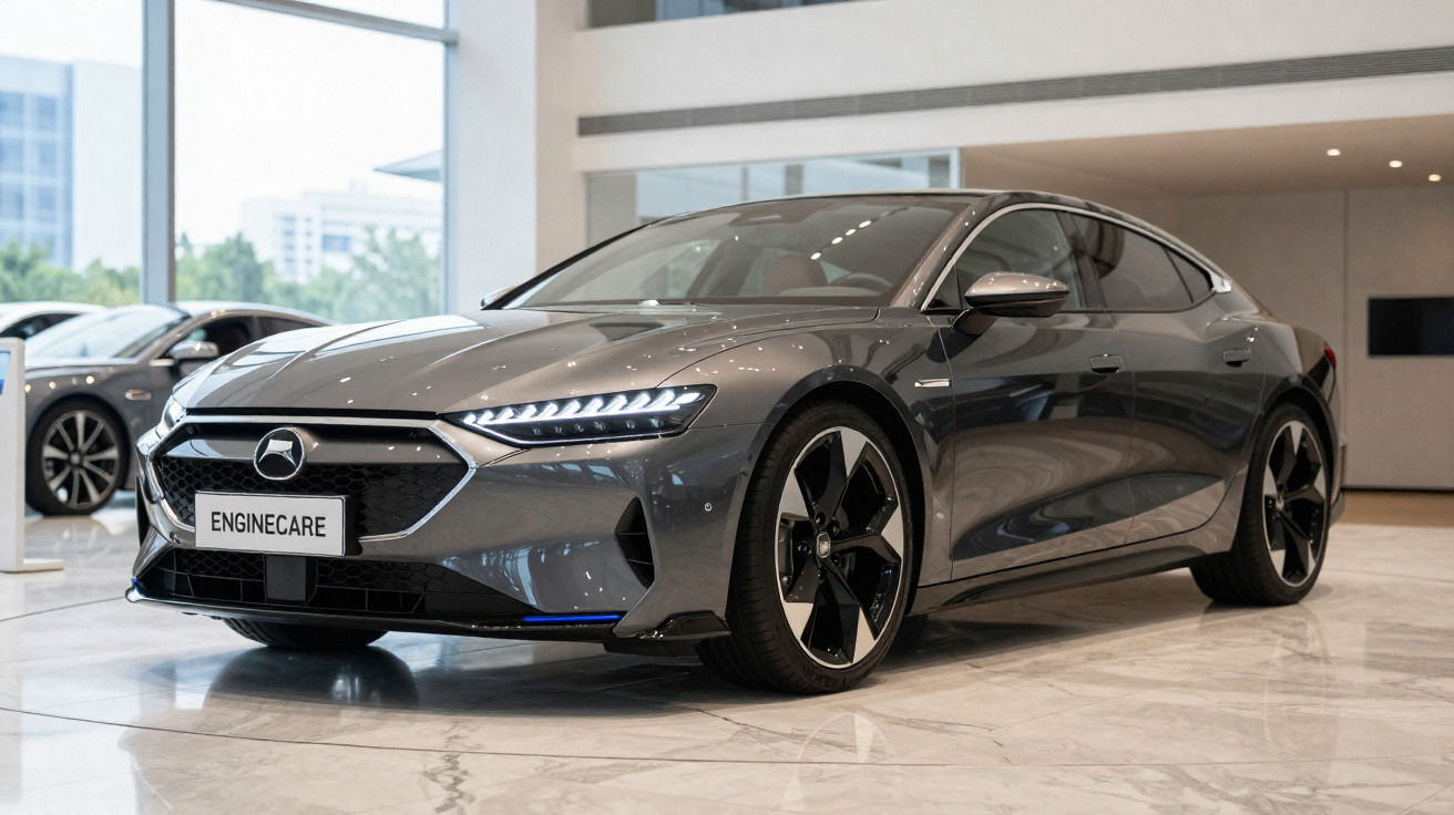Carro esportivo elétrico cinza escuro exibido em showroom moderno com piso de mármore.