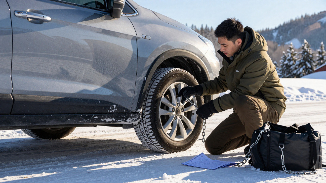 Homem colocando correntes de neve em pneu de carro prateado em estrada coberta de neve.