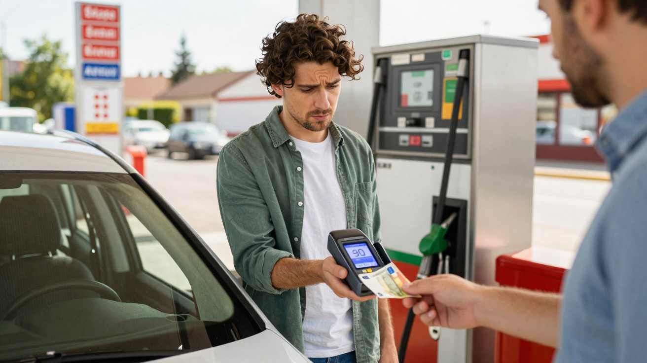 Homem pagando com cartão em posto de gasolina enquanto outro segura máquina de cartão ao lado do carro.