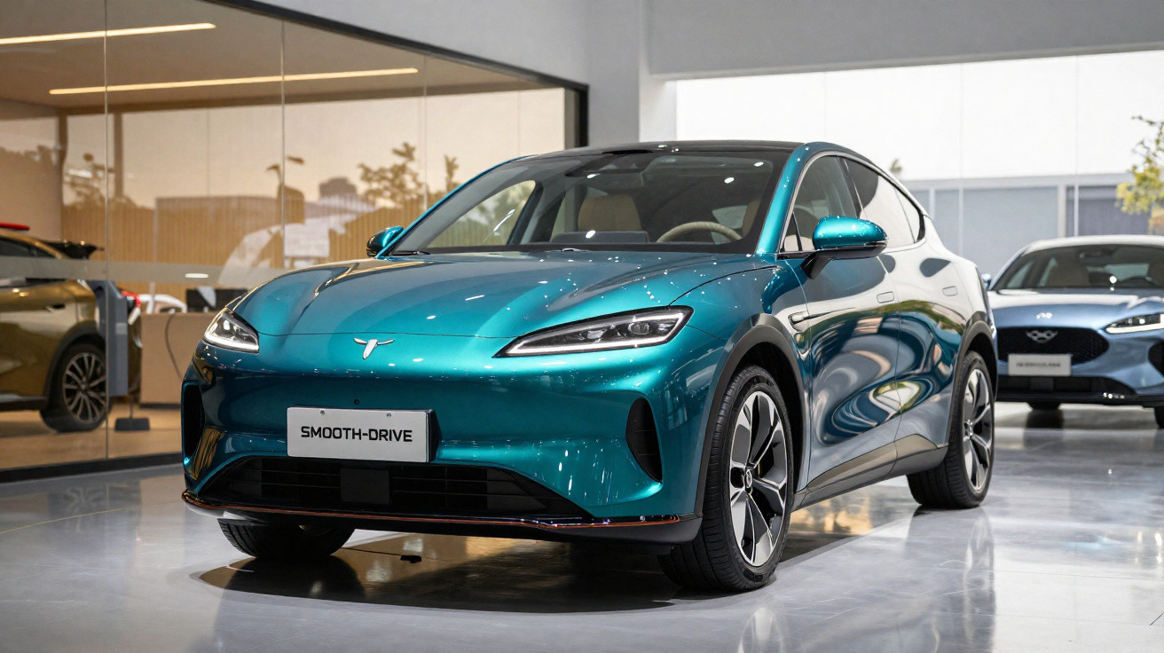 Carro elétrico azul metálico exposto em showroom moderno com pintura refletindo luzes do ambiente interno.