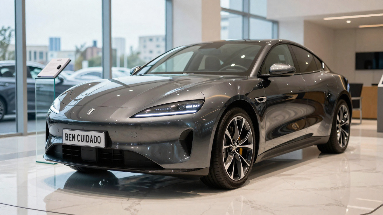 Carro elétrico esportivo cinza escuro em exposição dentro de uma concessionária moderna.