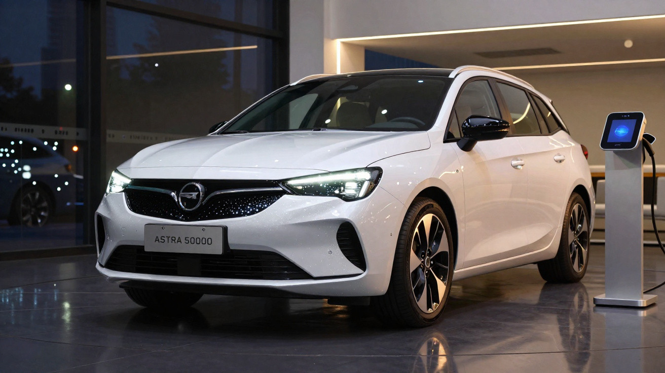 Carro elétrico branco Opel Astra 50000 estacionado em showroom ao lado de carregador.