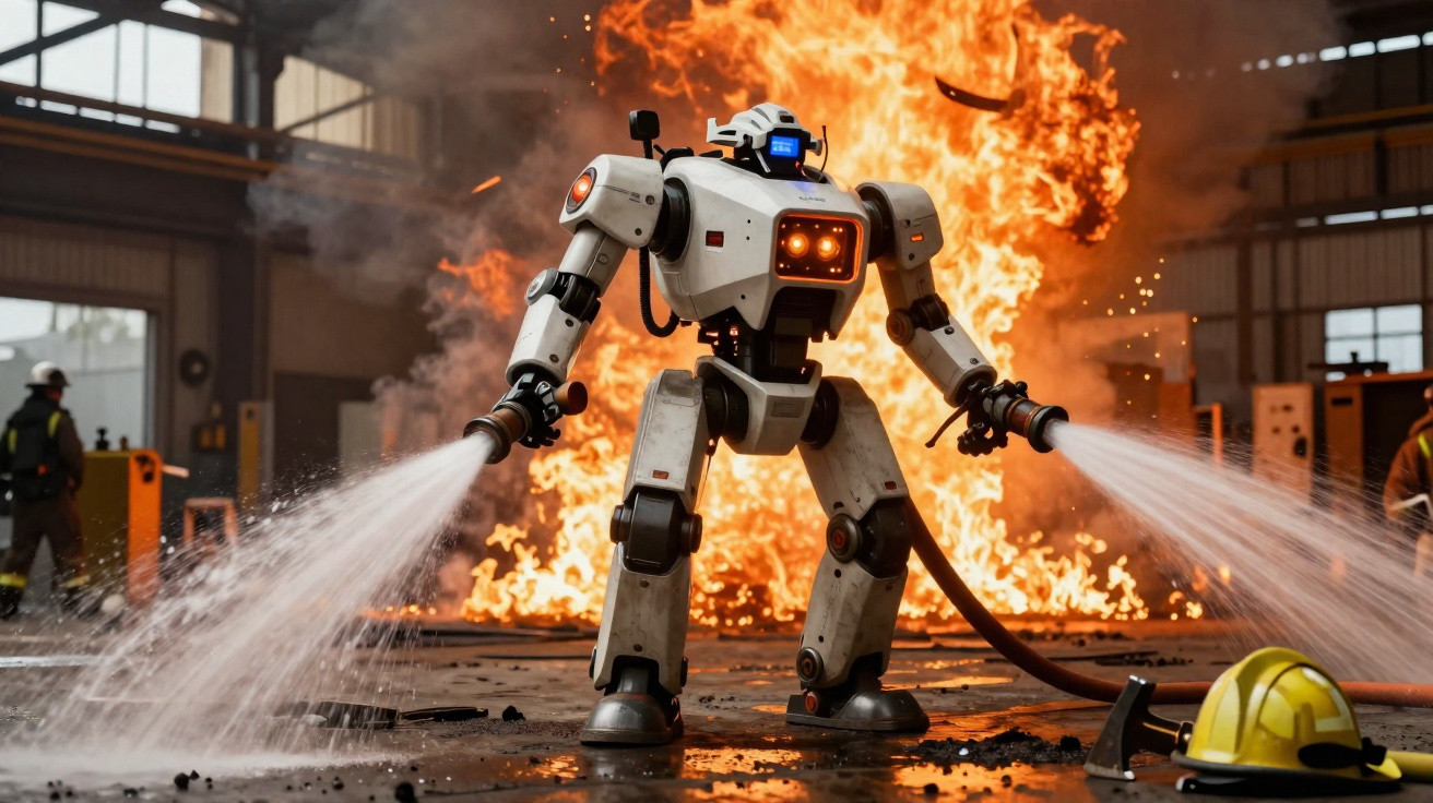 Robô bombeiro jogando água para apagar fogo intenso em ambiente industrial com pessoas ao fundo.