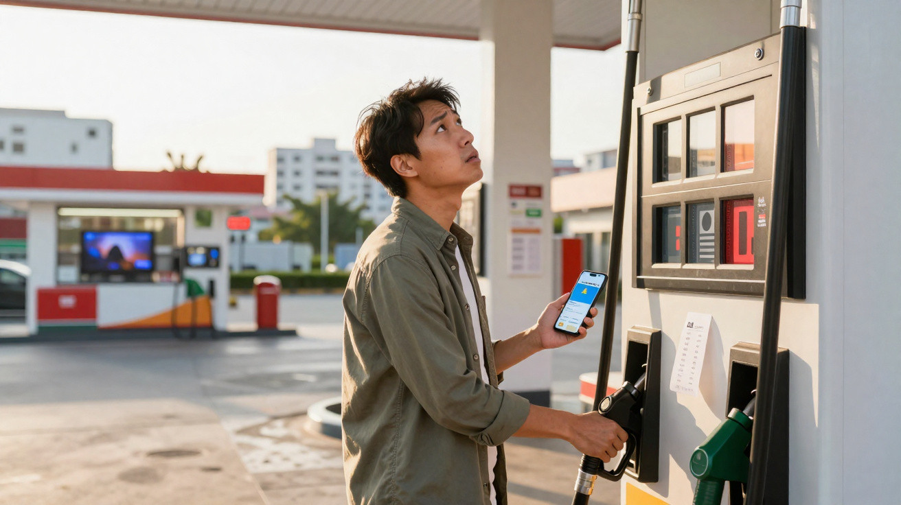 Homem segurando celular e bomba na mão ao abastecer carro em posto de gasolina ao ar livre.