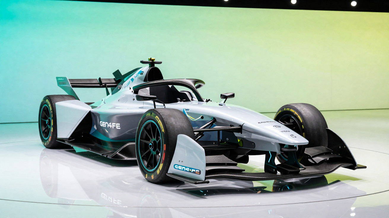 Carro de corrida elétrico Gen4FE branco com detalhes em preto exibido em fundo neutro.