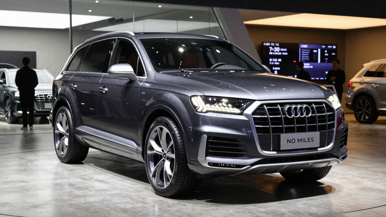 SUV Audi cinza escuro exposto em salão de automóveis com faróis acesos e placa "NO MILES".
