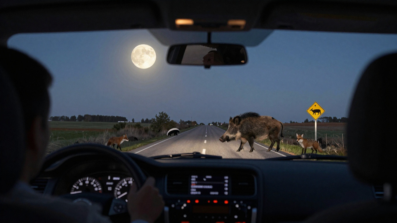 Motorista observa javali e raposas atravessando estrada à noite com lua cheia ao fundo.