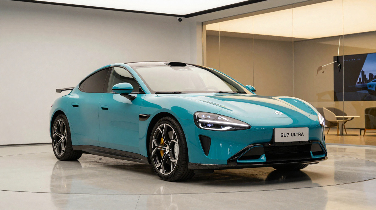 Carro esportivo elétrico azul em exposição, modelo Suv Ultra, com design moderno e sofisticado.