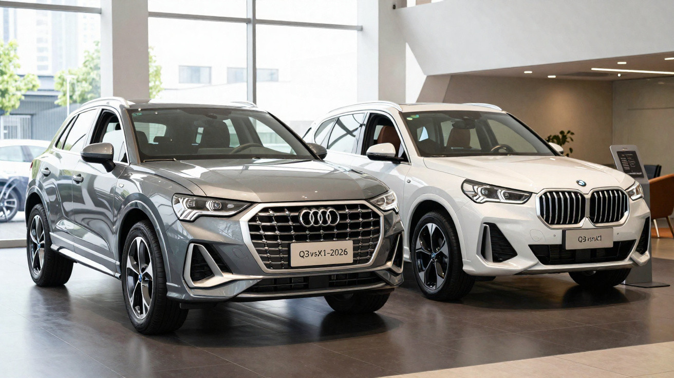 Dois SUVs modernos estacionados em showroom, um Audi cinza e um BMW branco.