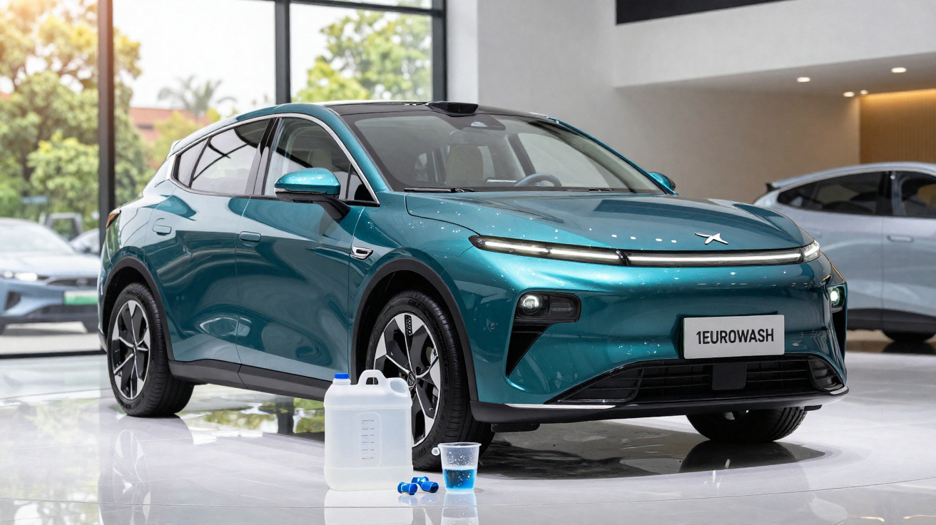Carro elétrico azul em exposição em showroom moderno, com garrafa de água e copo no chão.