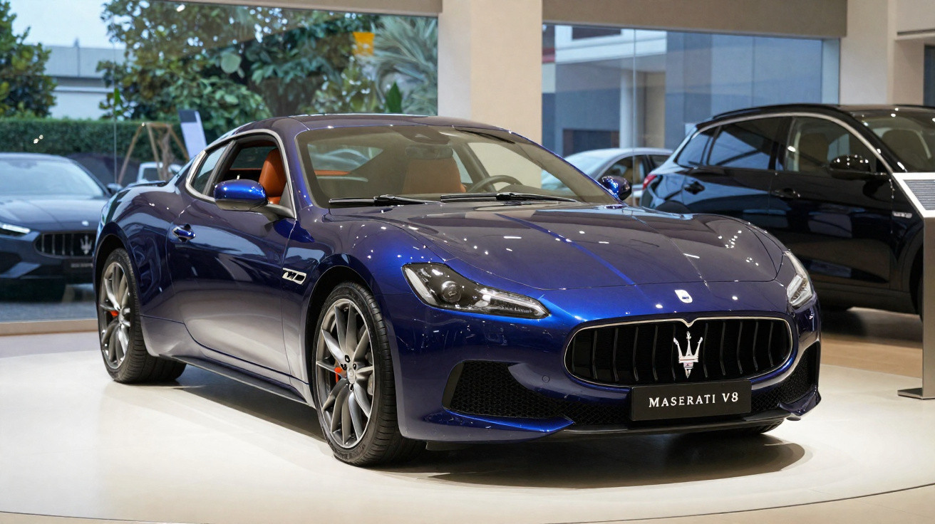Carro esportivo Maserati V8 azul exibido em showroom moderno com acabamento brilhante e interior marrom.