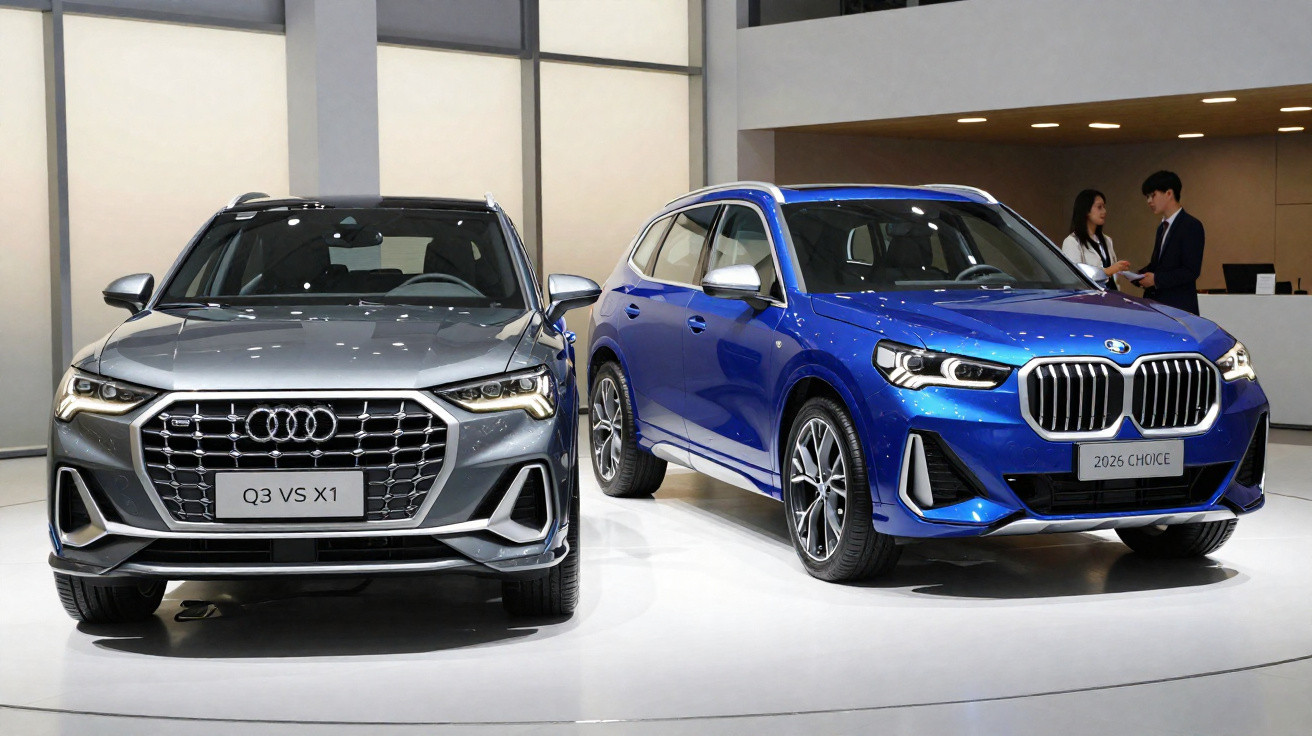 Dois carros SUV de luxo, Audi Q3 cinza e BMW X1 azul, exibidos lado a lado em salão automotivo.