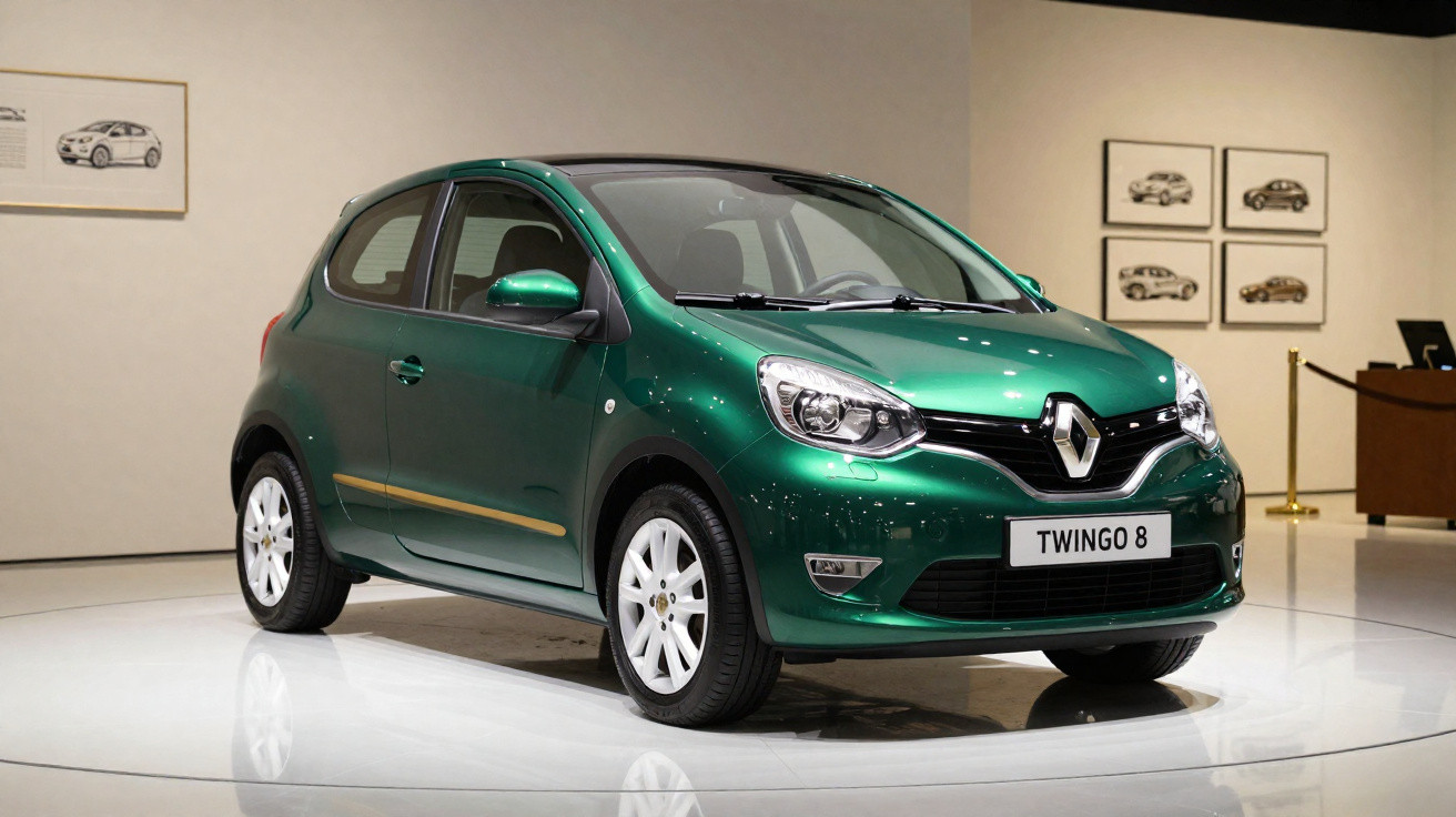 Carro Renault Twingo 8 verde em exposição com fundo branco e quadros nas paredes.