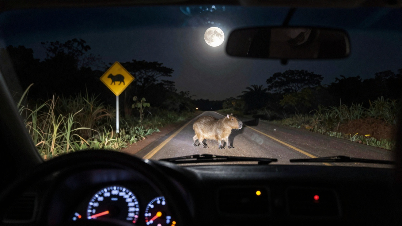 Capivara atravessa estrada à noite sob luar, vista do interior de um carro com faróis acesos.