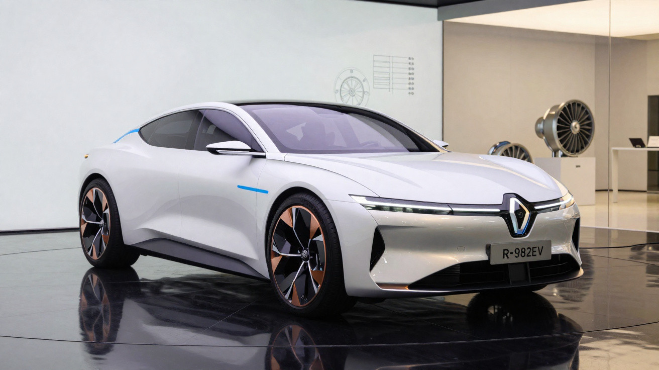 Carro elétrico branco conceito Renault R-982EV em exposição interna com rodas detalhadas e design moderno.
