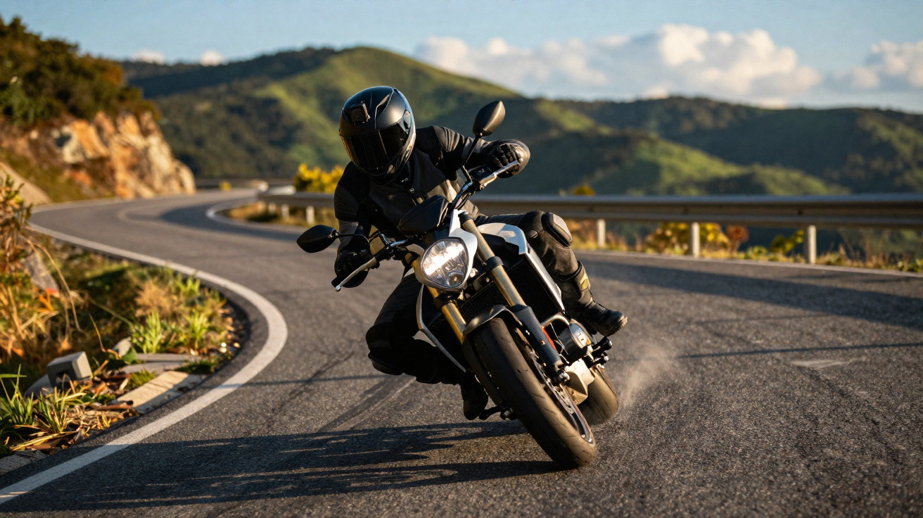 Motociclista com roupa preta em curva acentuada na estrada de montanha ao pôr do sol.