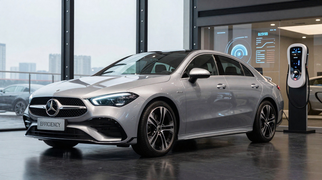 Carro prata Mercedes-Benz sedan elétrico em exposição ao lado de estação de recarga dentro de showroom moderno.