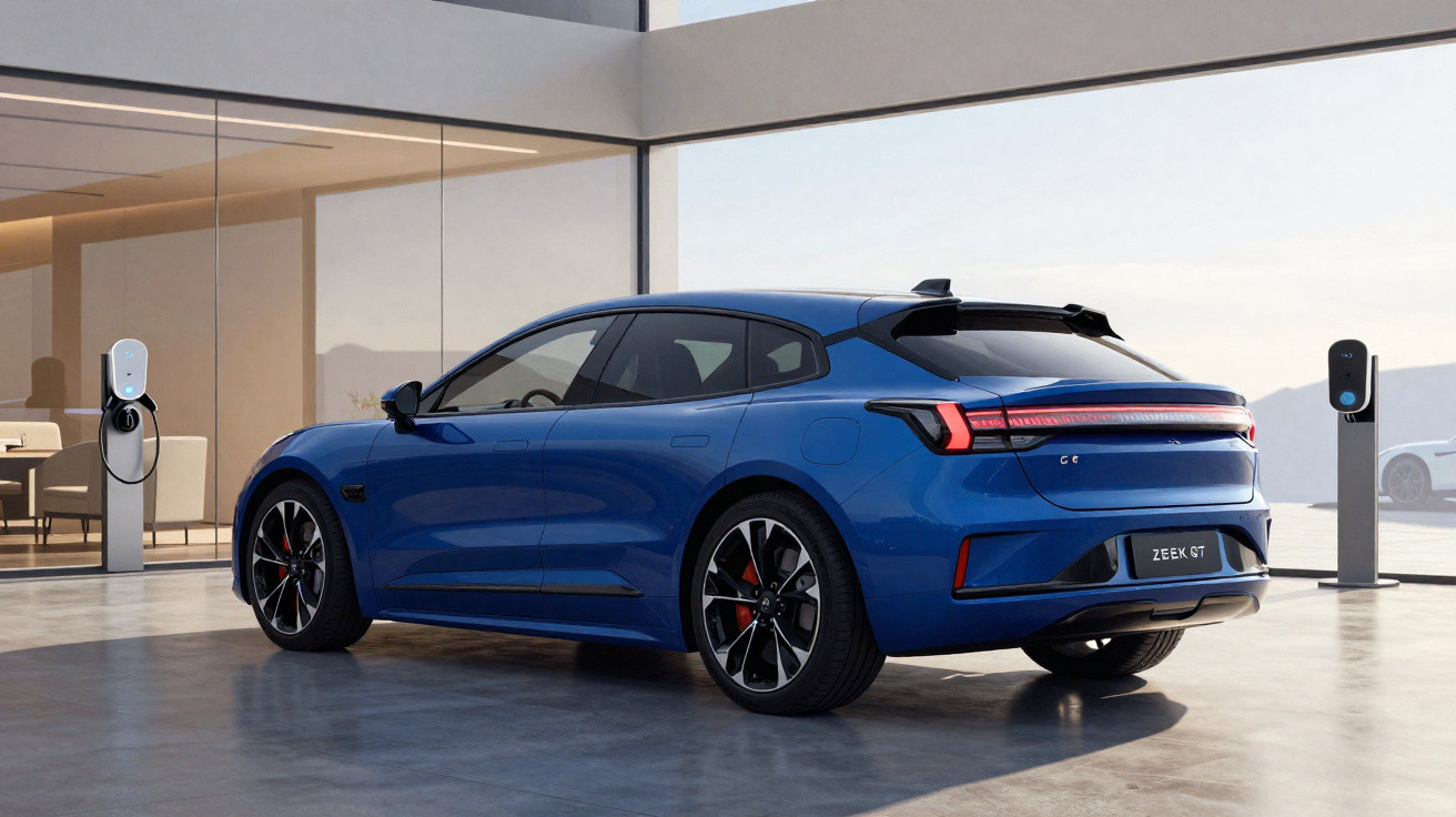 Carro elétrico azul estacionado em garagem moderna com terminais de recarga ao redor.