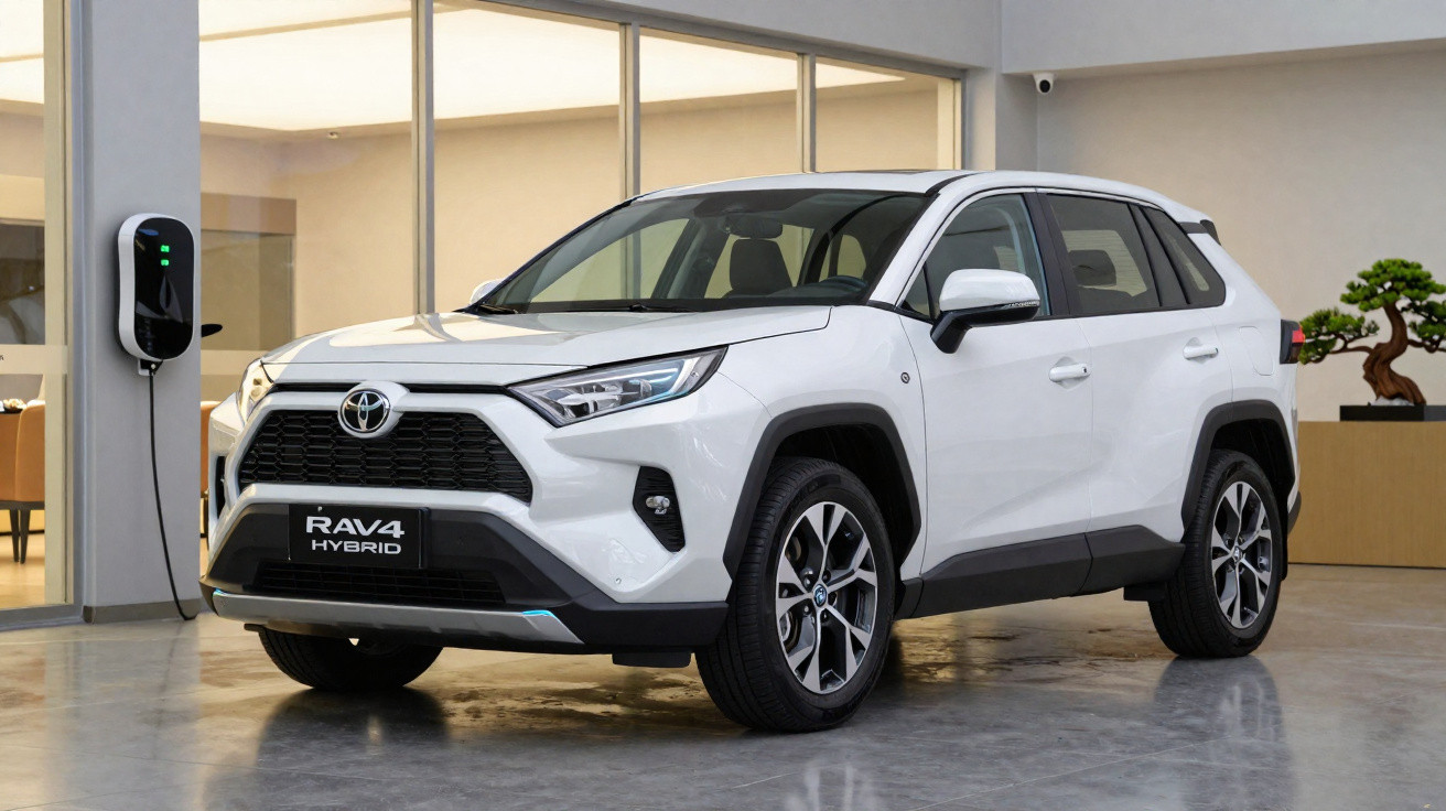Carro SUV branco Toyota RAV4 Hybrid estacionado em ambiente interno ao lado de estação de recarga elétrica.