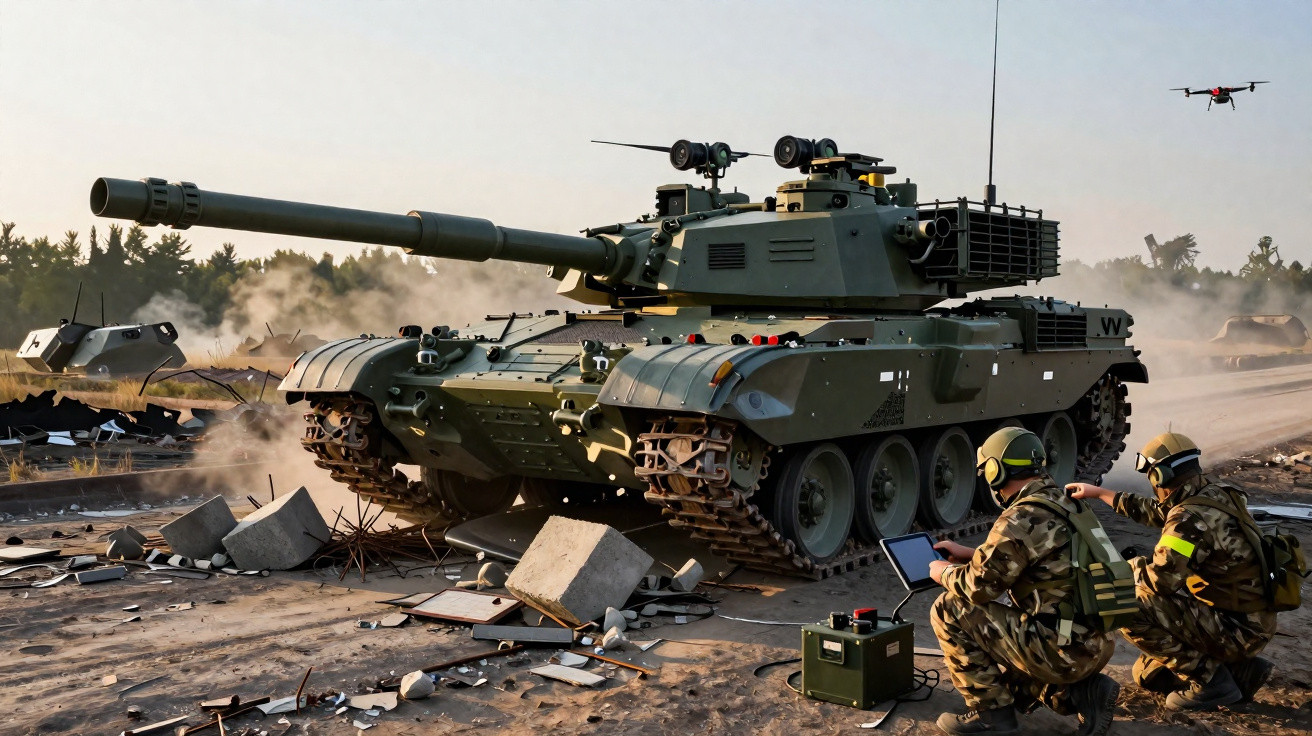 Tanque militar verde com soldados e drone em área de treinamento com destroços espalhados.