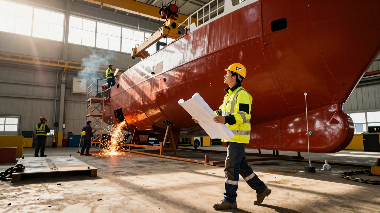 Engenheiros e operários trabalhando na construção de grande embarcação dentro de estaleiro industrial.