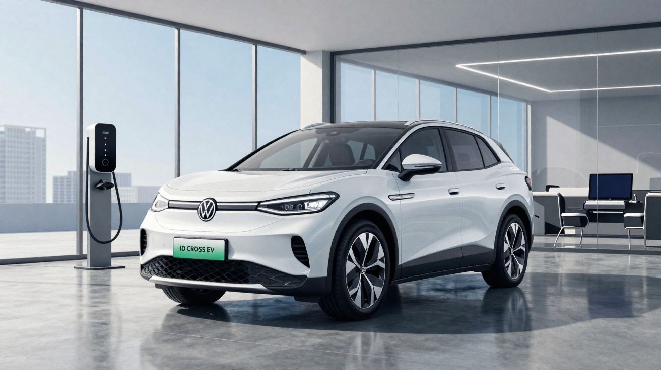 Carro elétrico branco Volkswagen ID. Cross EV estacionado ao lado de estação de recarga em ambiente corporativo moderno.