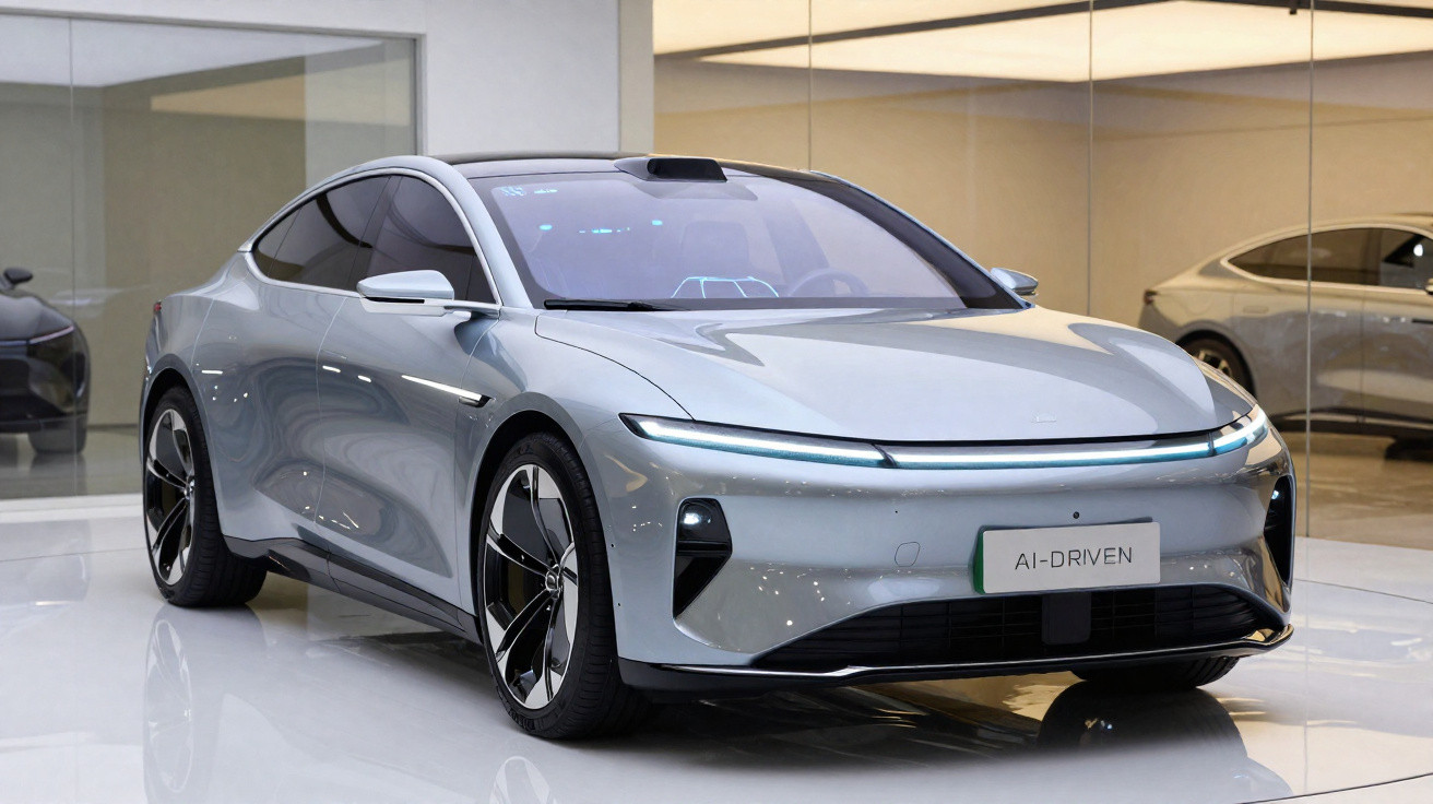 Carro elétrico prateado futurista com design aerodinâmico exibido em showroom moderno.