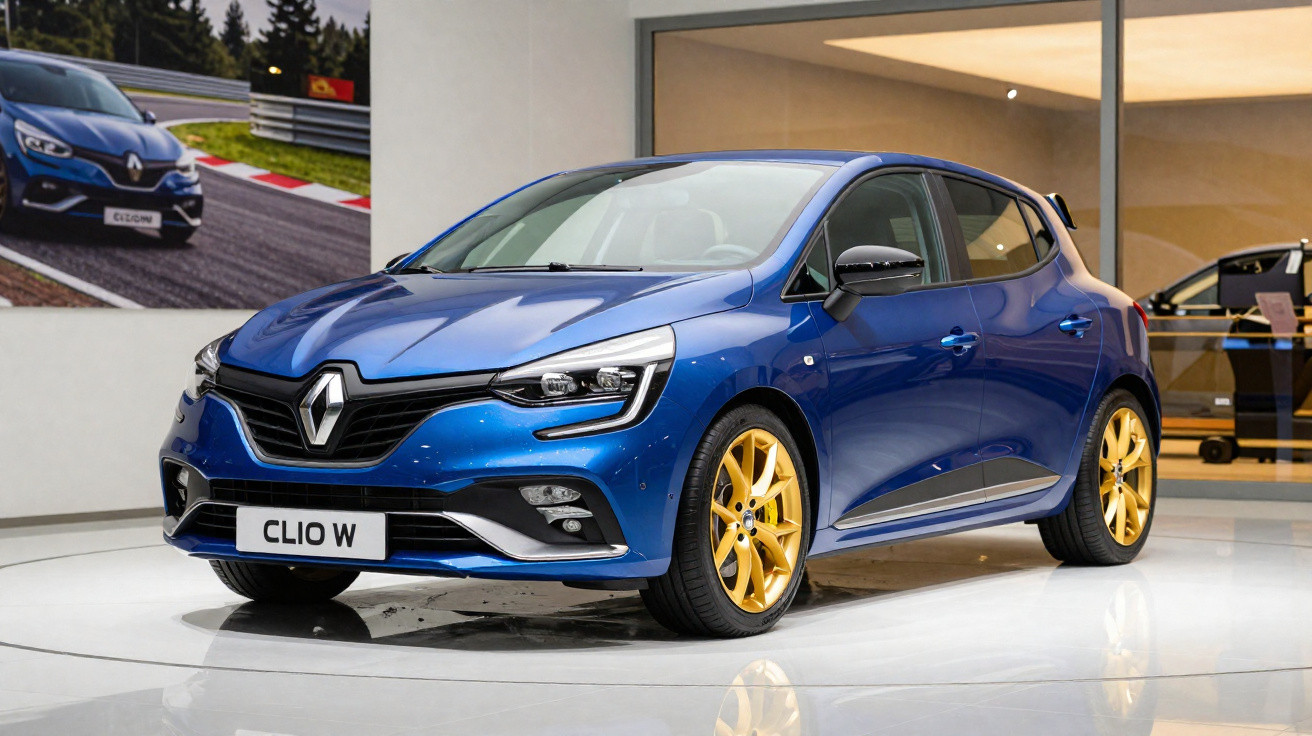 Carro Renault Clio W azul com rodas douradas exposto em salão de automóveis.