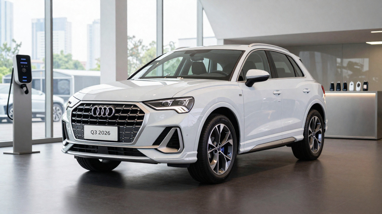 SUV Audi Q3 2026 branco exposto em showroom moderno com paredes de vidro e piso cinza.