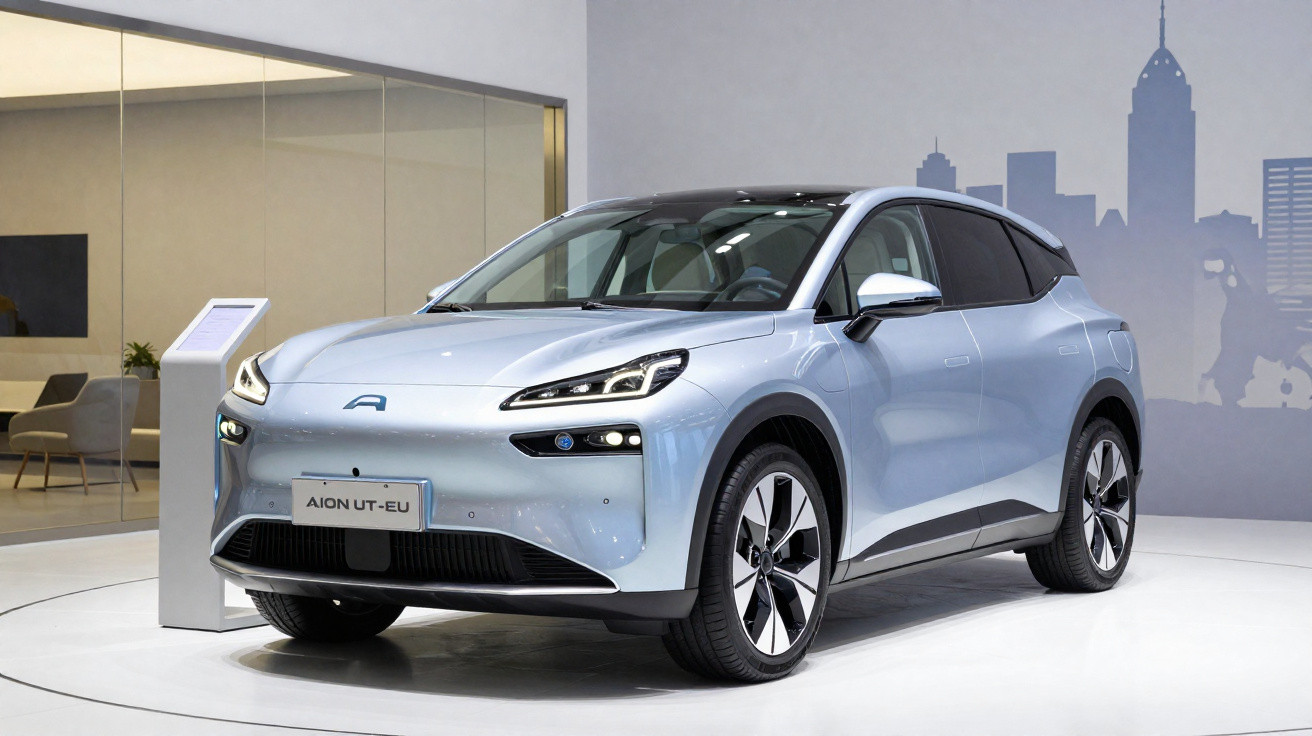 Carro elétrico prata Aion UT-EU em exposição com fundo cinza e vidro ao lado.