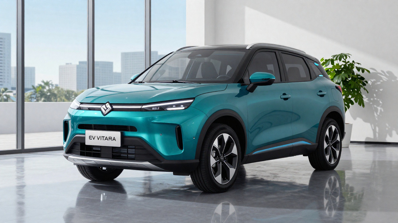 SUV elétrico Suzuki EV Vitara verde com teto preto em ambiente interno iluminado.