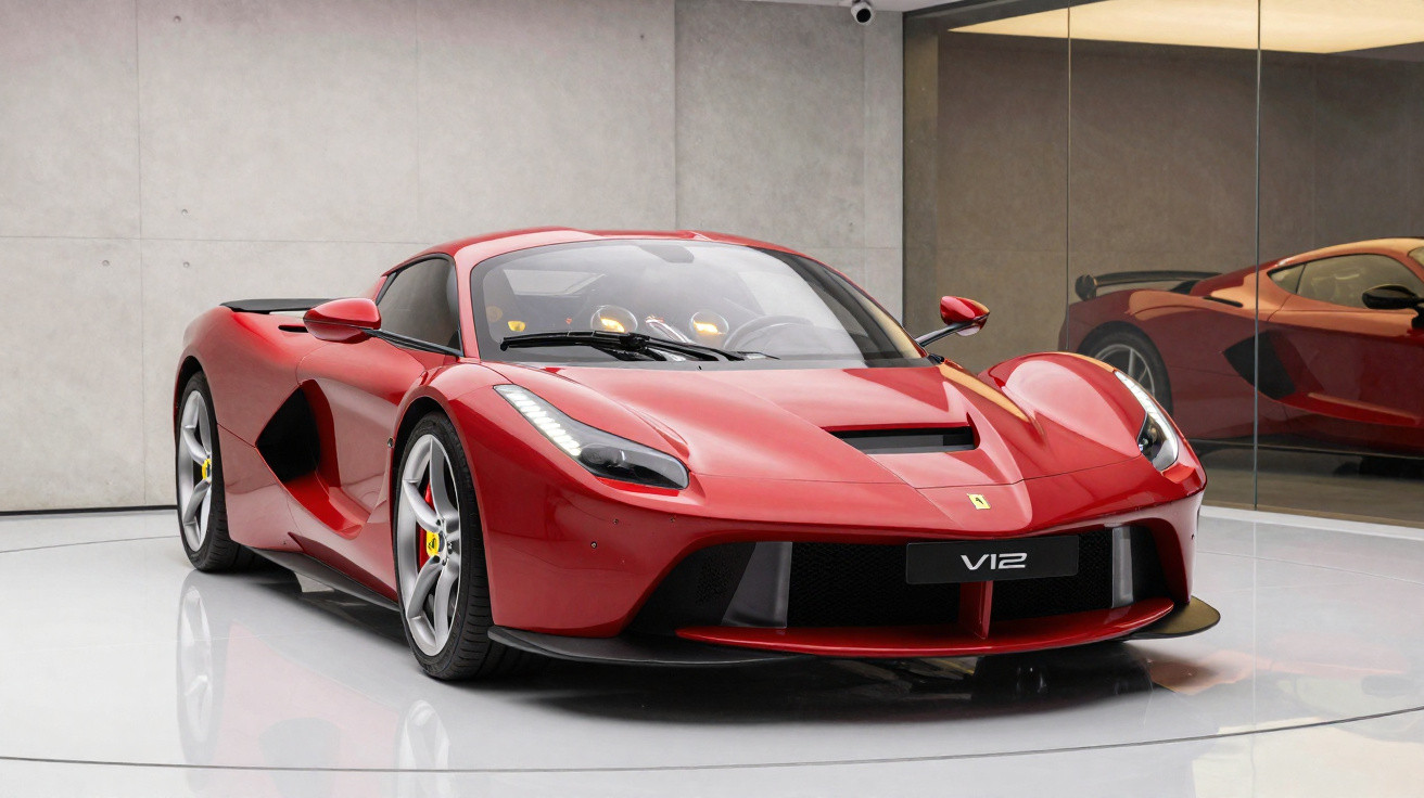 Carro esportivo vermelho Ferrari V12 em exposição com parede e espelho ao fundo.