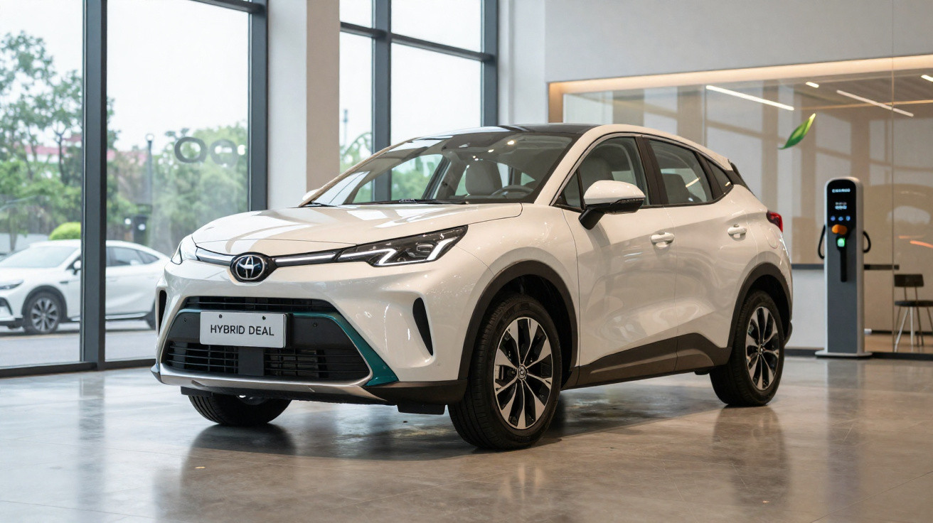 Carro híbrido branco da Toyota em showroom moderno com estação de recarga ao fundo.