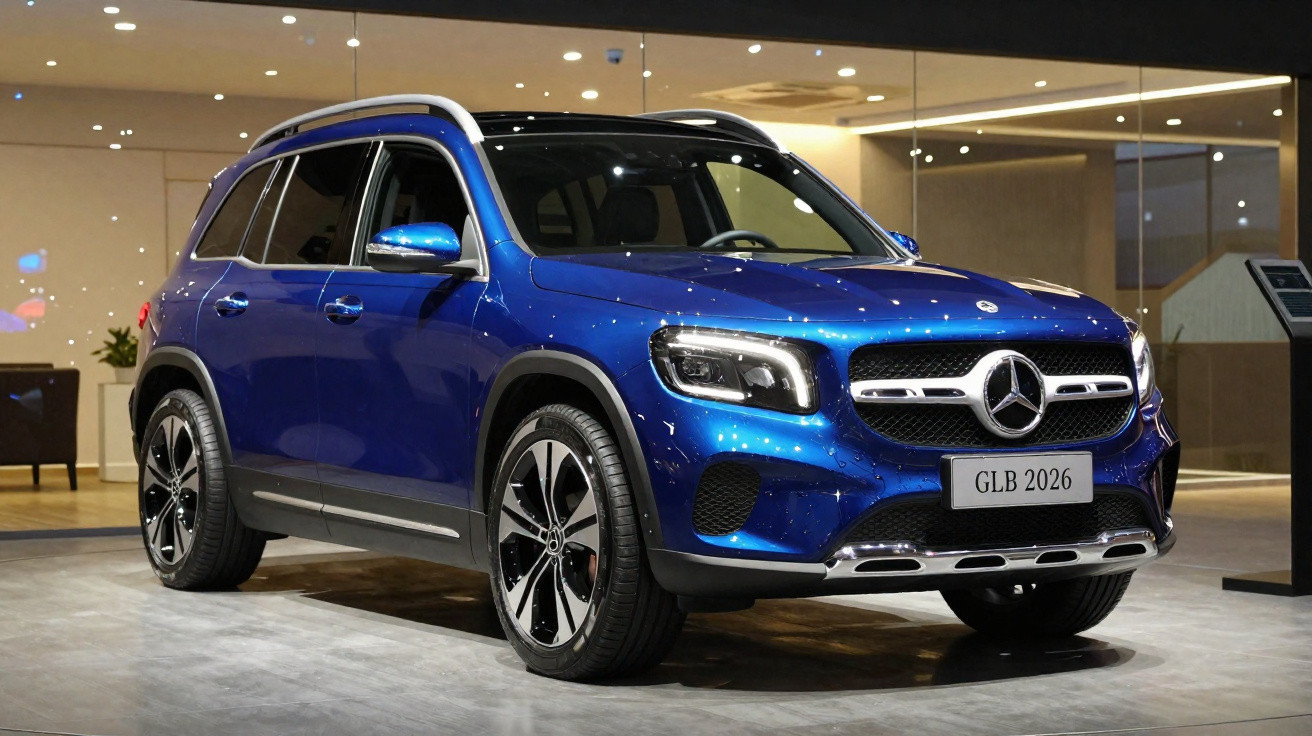 Carro SUV Mercedes-Benz GLB azul 2026 exibido em ambiente interno moderno.