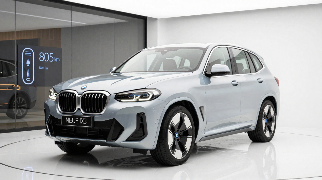 Carro SUV BMW elétrico prata estacionado em ambiente interno branco com painel mostrando autonomia de 805 km.