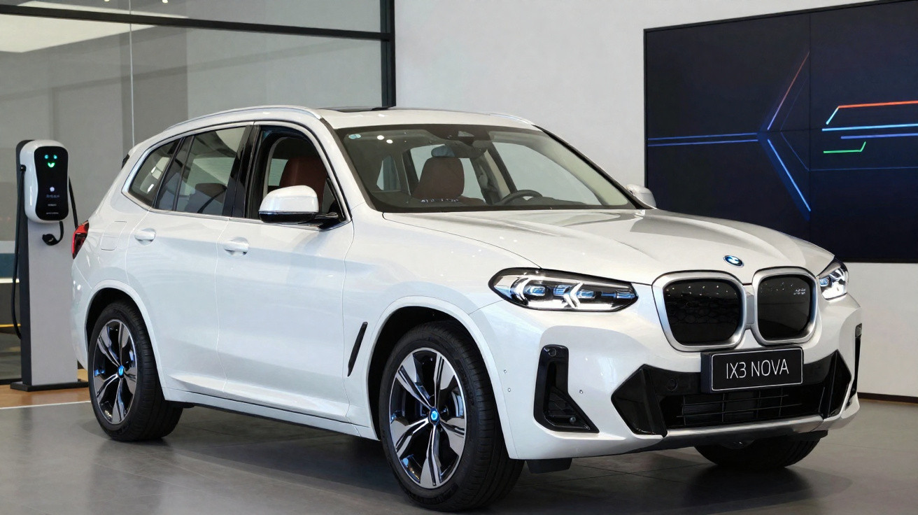 Carro SUV elétrico BMW branco modelo IX3 Nova em showroom com carregador elétrico ao lado.