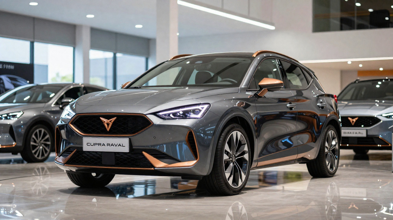 Carro SUV Cupra Raval cinza com detalhes em bronze em showroom moderno e iluminado.