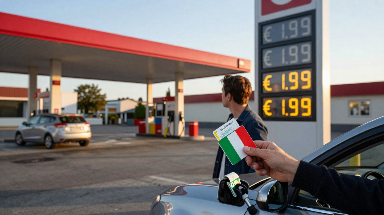 Pessoa com cartão de pagamento italiano abastecendo carro em posto de gasolina com preços em euros.