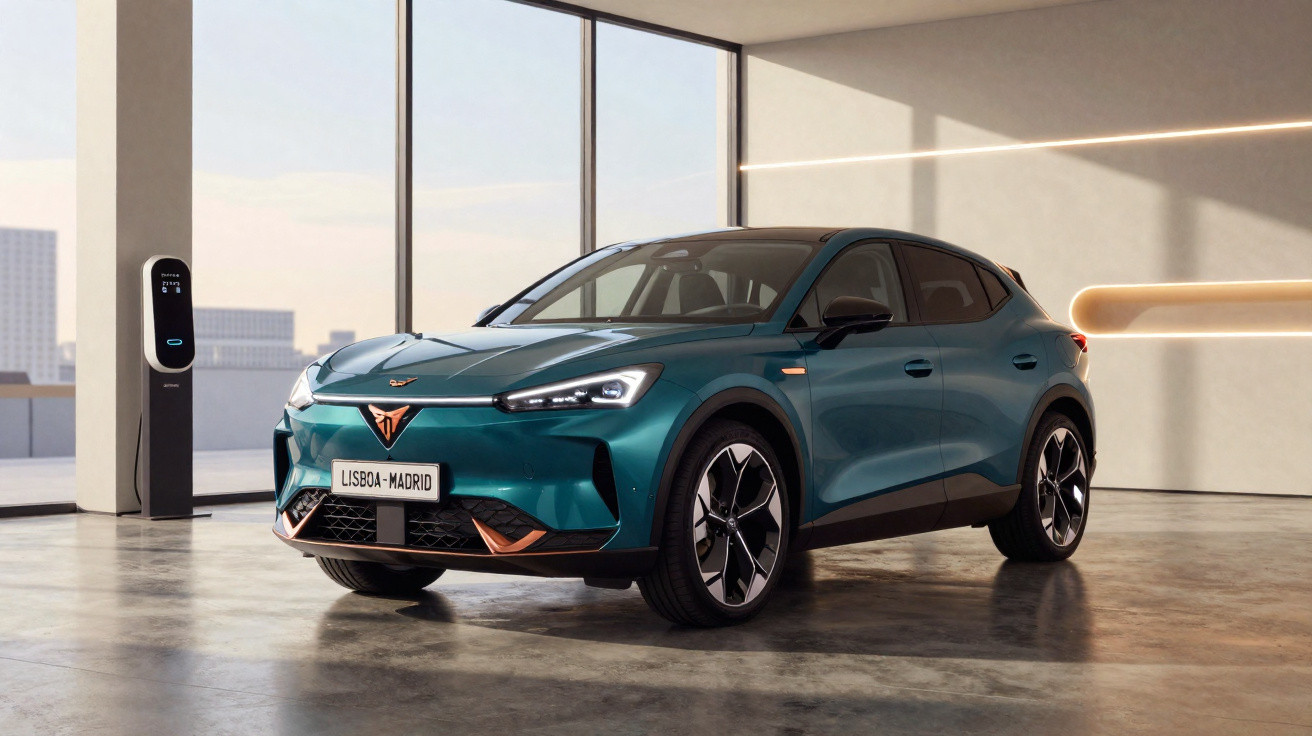 Carro elétrico azul estacionado em garagem moderna com carregador de bateria ao fundo.