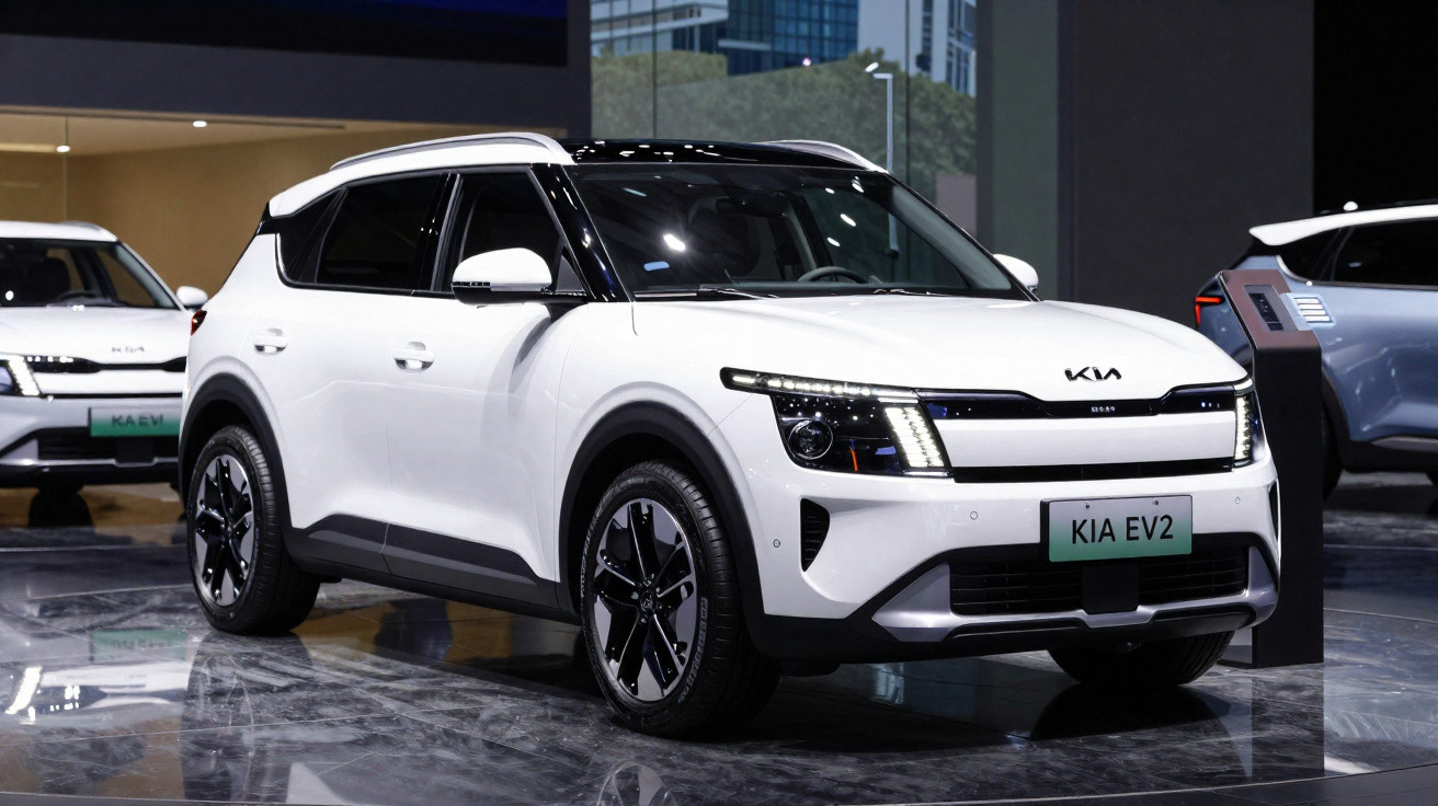 Carro elétrico SUV Kia EV2 branco exposto em evento, com design moderno e rodas pretas.