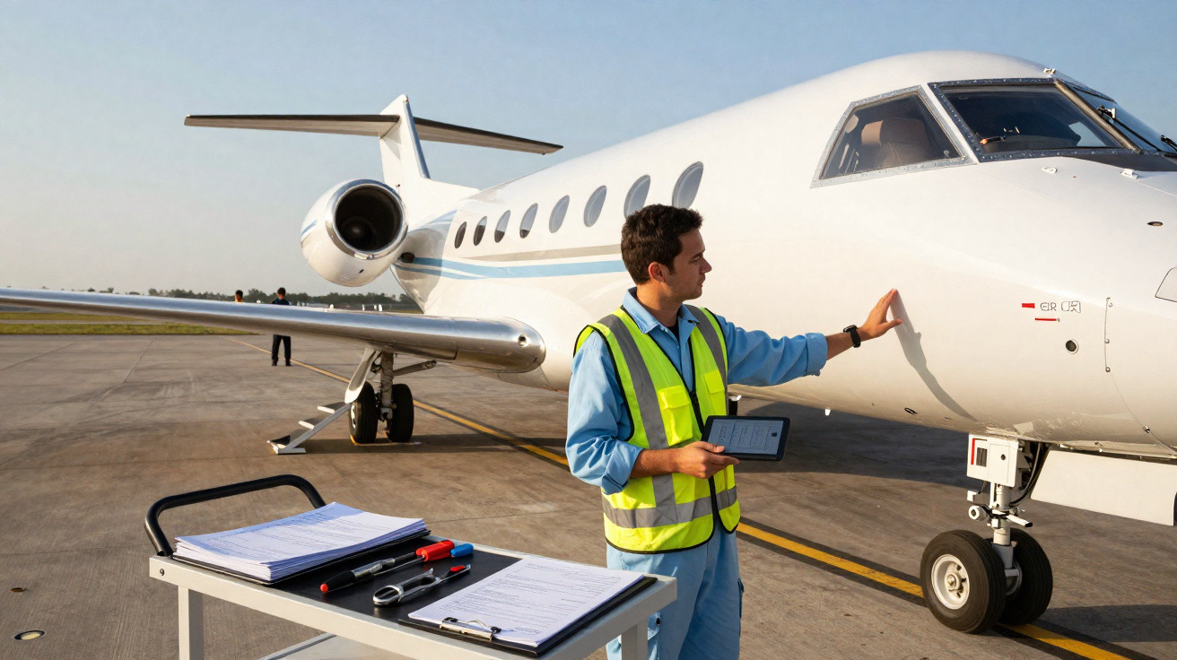 Técnico em inspeção de aeronaves verificando avião executivo em pista com equipamentos e documentos.