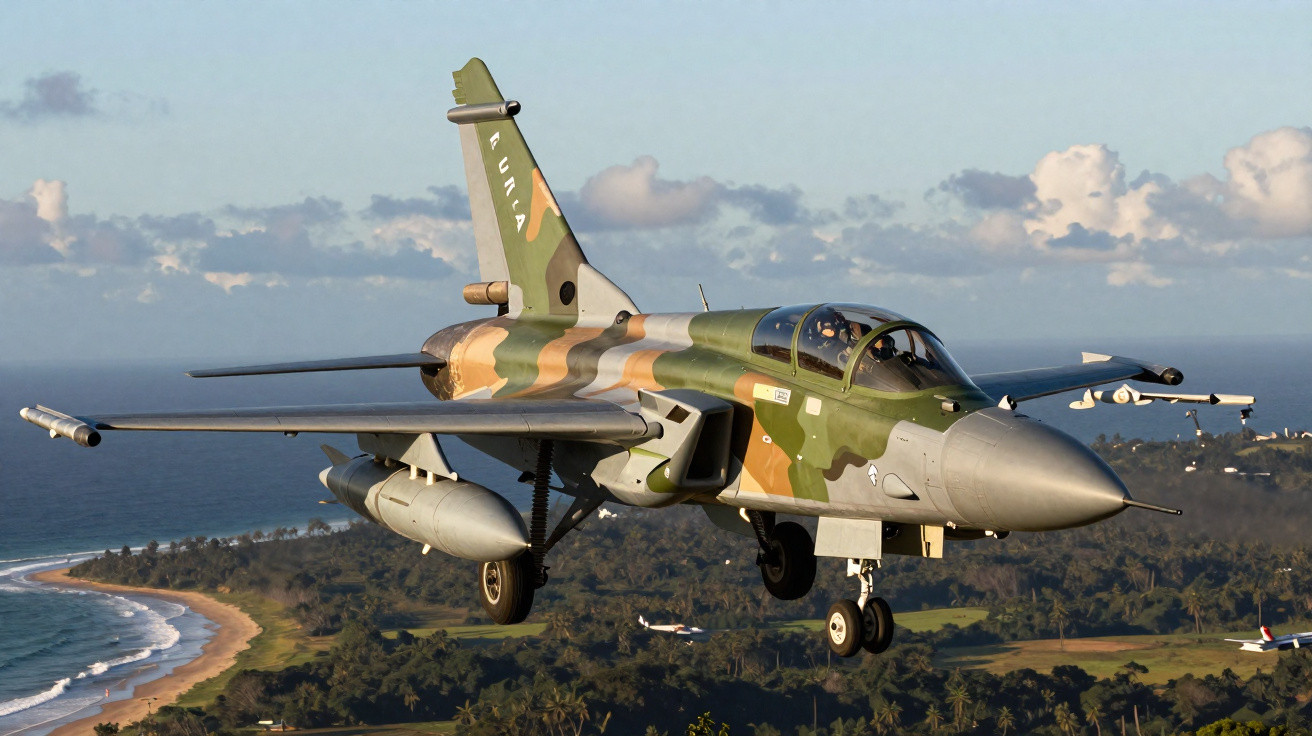 Avião militar de caça em voo baixo sobre área costeira com pintura camuflada verde, marrom e cinza.