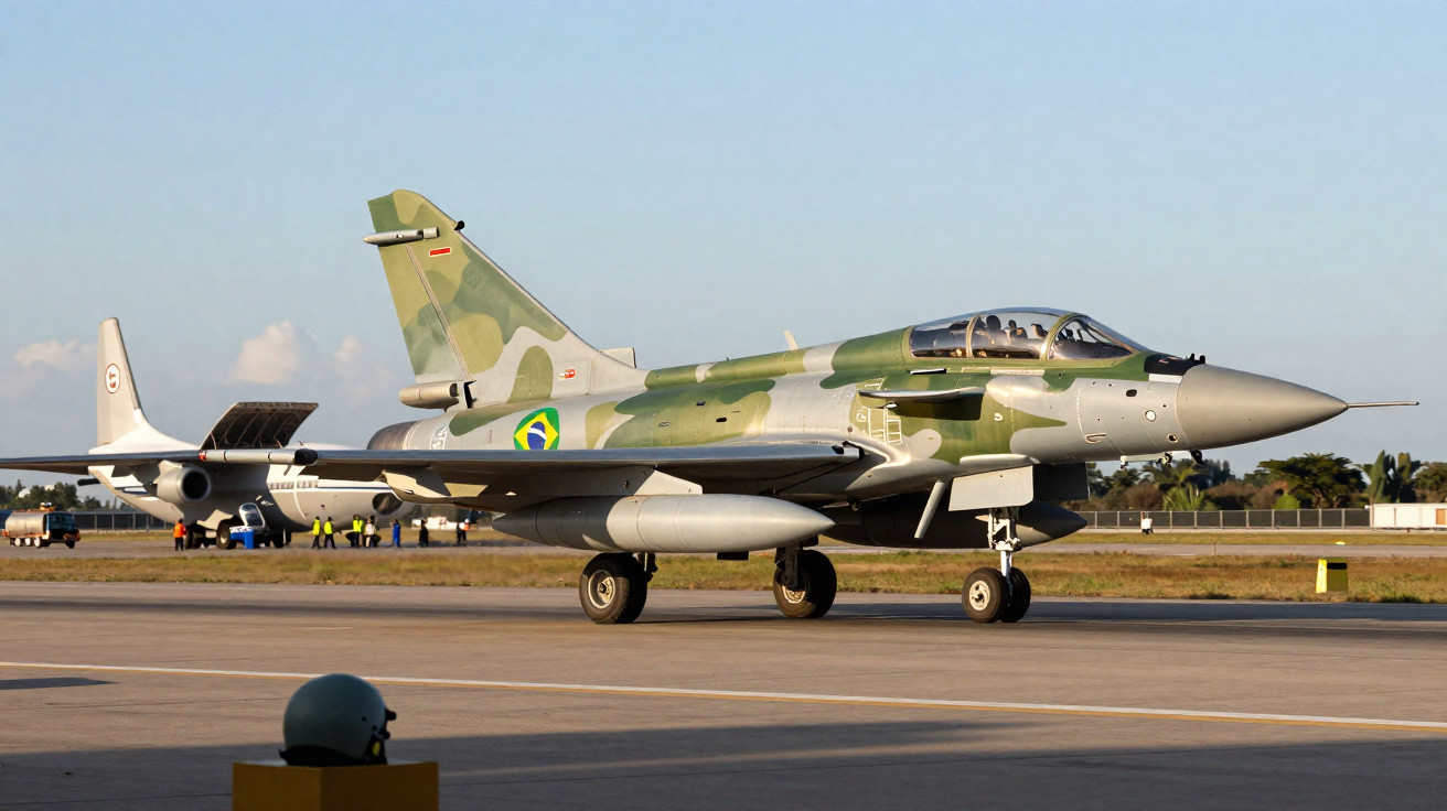 Avião de caça militar brasileiro em camuflagem verde e bege taxiando em pista sob céu claro.