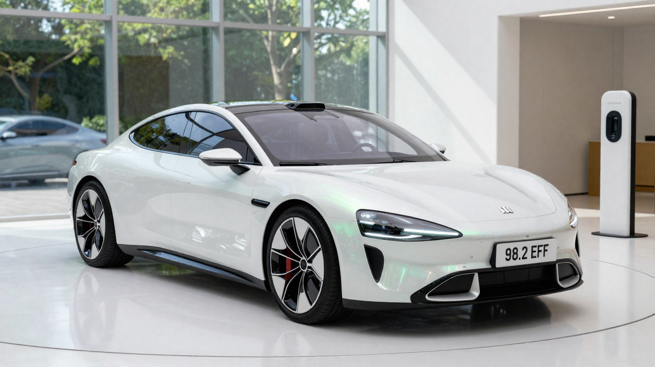 Carro elétrico esportivo branco em exposição moderna com estação de carregamento ao fundo.