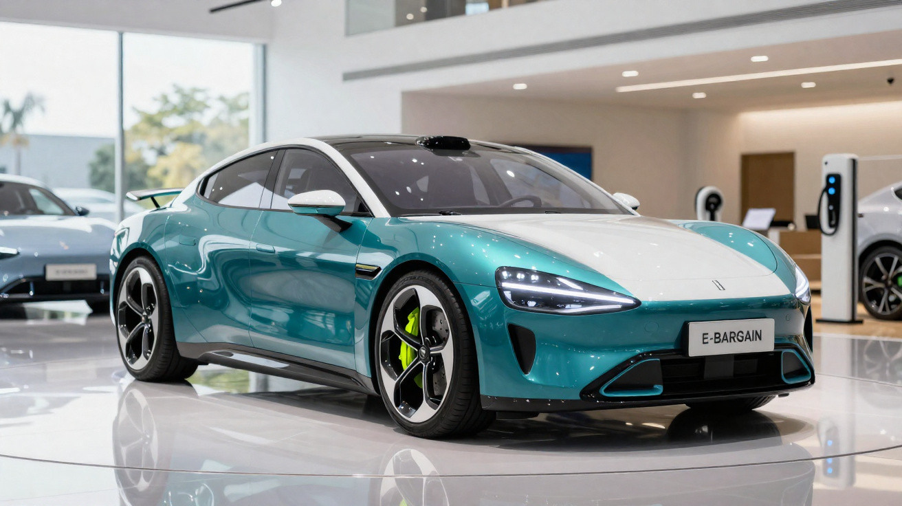 Carro esportivo elétrico azul e branco exibido em showroom moderno com faróis e rodas de liga leve.